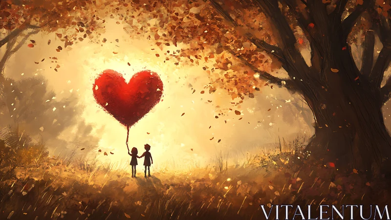 Children Hold Luminous Heart Beneath Autumn Trees.