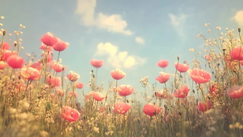 Pink Poppy Field Under Blue Sky.