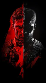 Battle-worn hero split between burning red and cold shadow.