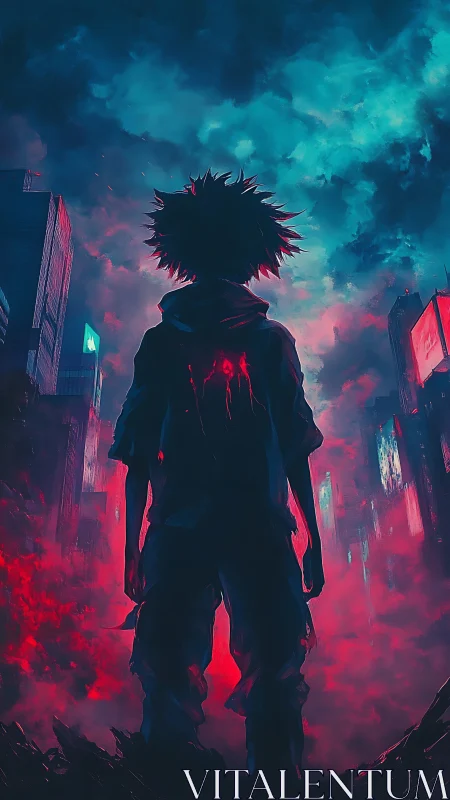 Neon storm crowns a lone silhouette in glitching city afterglow