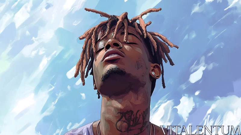 Digital portrait of man with locs under luminous sky backdrop.