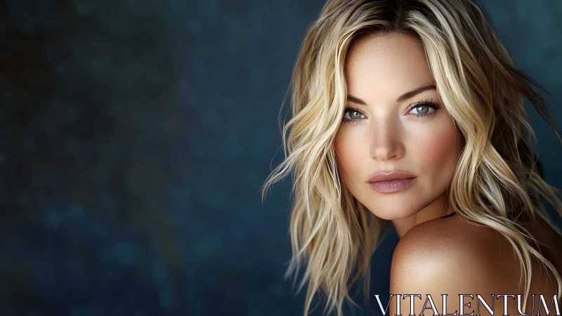 Blonde model portrait with teal bokeh studio background.