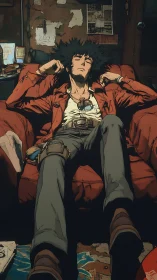 Languid bounty hunter melting into a bruised red armchair.