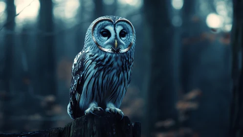 Majestic owl perched on tree stump in misty blue forest scene.