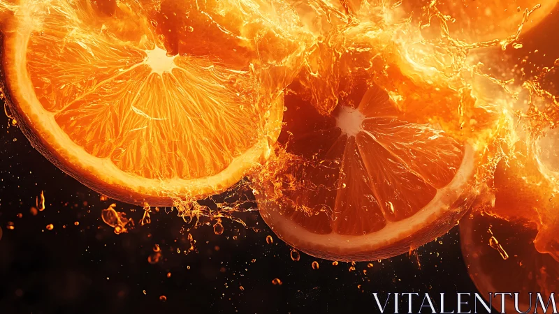 Citrus slices in dynamic splash under dramatic backlight.