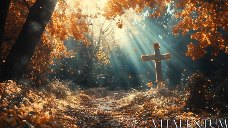 Sunlit forest path with stone cross amid autumn foliage.
