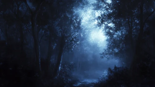 Moonlit Forest Path Through Ancient Trees.