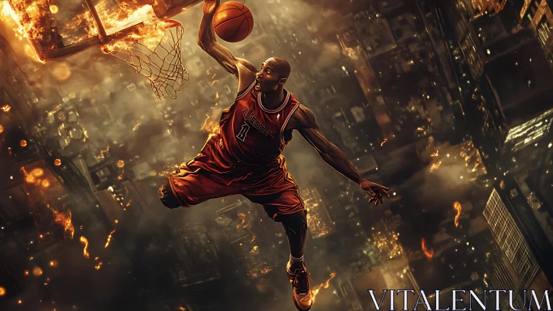 Soaring streetball legend rises through a blazing city sky.