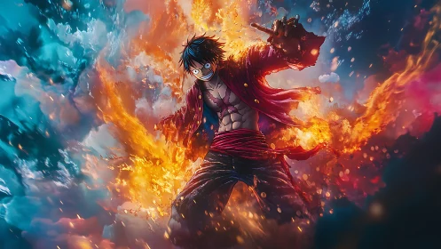 Anime fighter amid blue clouds and surrounding orange fire.