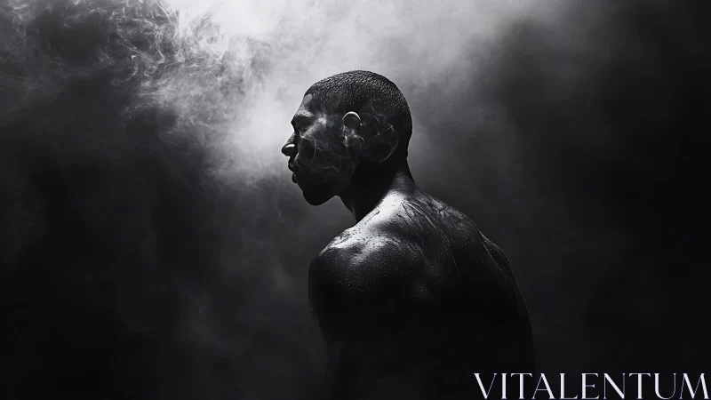 Low key monochrome athletic portrait in atmospheric studio fog