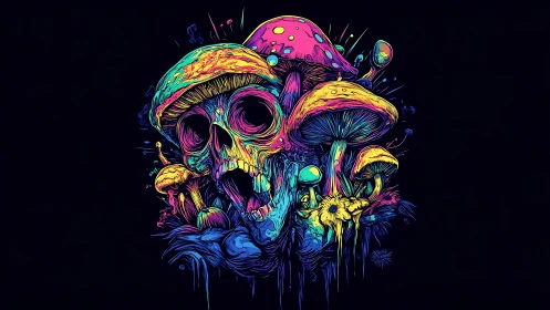 Neon mushrooms bloom around a surreal, glowing skull vision