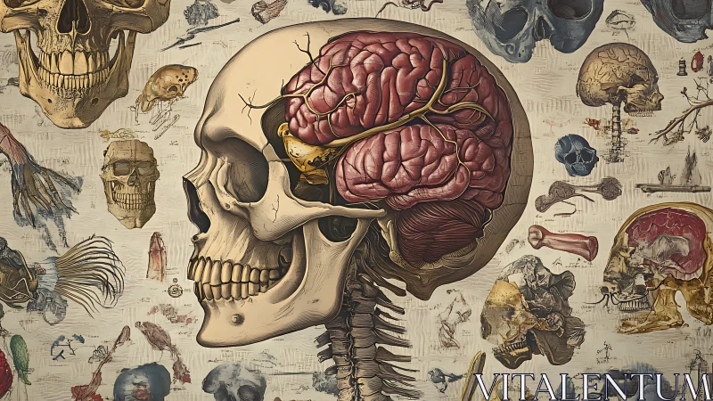 Cutaway human skull exposes detailed brain and anatomy study