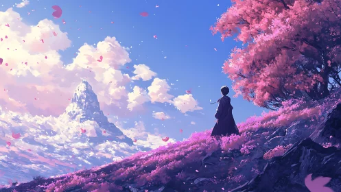 Wide-angle anime vista maps depth with pink foreground slope
