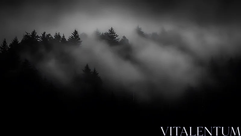 Oblique fog rays traverse a dark conifer forest silhouette