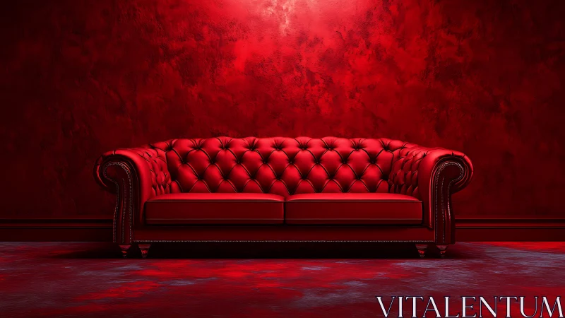 Red leather Chesterfield sofa against bold textured wall.