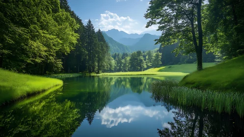 Quiet forest lake rests under gentle mountains and sky