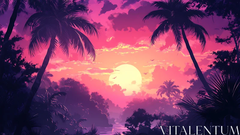 Neon gradient sunset illuminates stylized tropical palm jungle