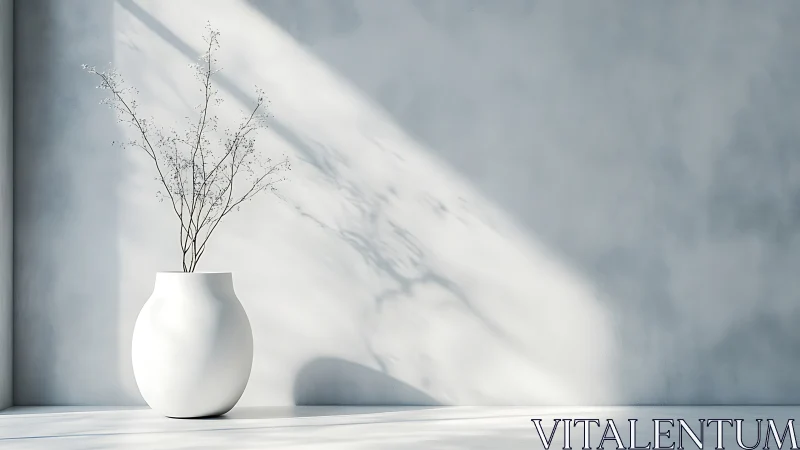 Quiet porcelain vessel cradles light, shadow, and tender twigs