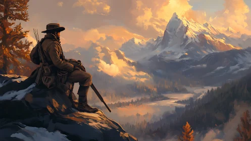 Lone trail scout watching ember clouds crown wild peaks.