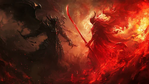 Dual armored figures confront in high contrast fiery void