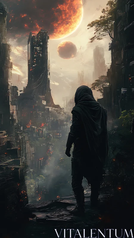 Lone wanderer surveys burning ruins under fractured planets.