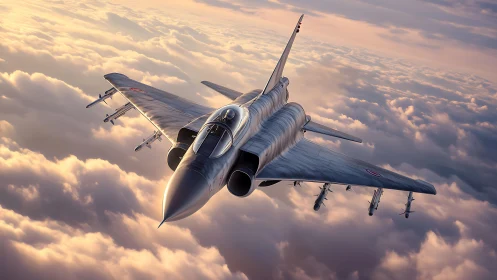Fighter jet rendered in detailed 3D above dense cloud layer