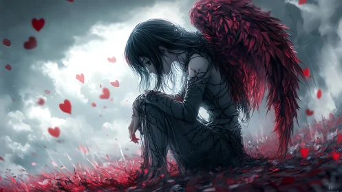 Fallen angel crouches in crimson field beneath storm clouds
