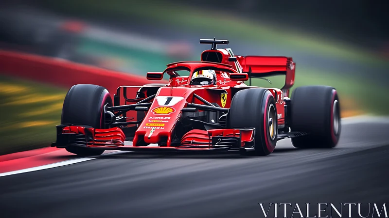 Red Formula racing car advances along blurred circuit track