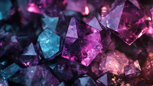 Macro view of faceted purple and blue crystalline forms.