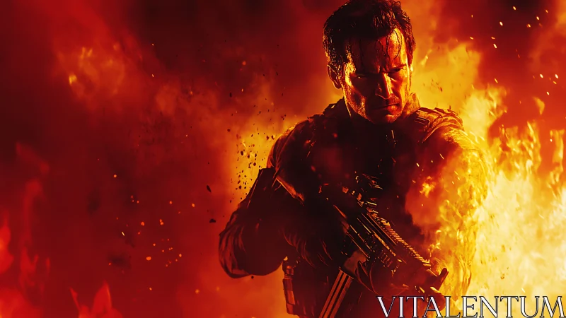 Tactical operative wielding assault rifle amid explosive inferno environment.