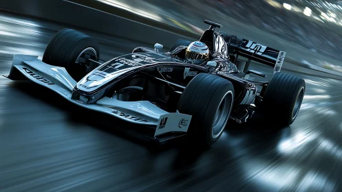 Photorealistic Formula race car in dynamic motion blur study.