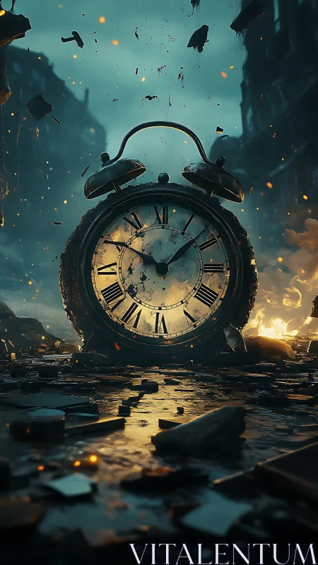 Broken alarm clock dominates fiery postapocalyptic street.
