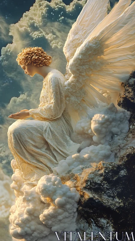 Radiant winged figure in baroque textile detail above cloudlike stone