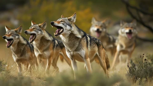Wild choir of prairie wolves belting into golden hush.