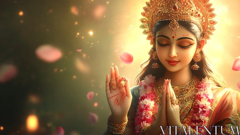 Intricately rendered goddess figure in symmetrical devotional pose