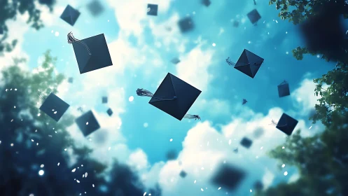 Graduation caps float upward against a bright daytime sky