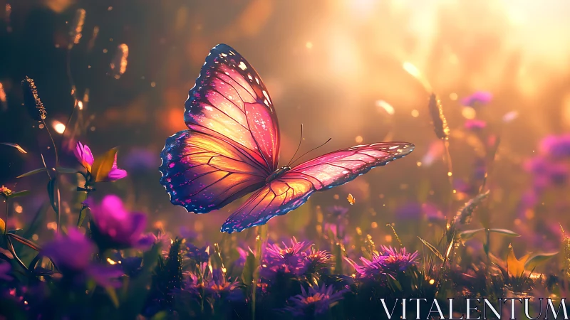 Iridescent butterfly hovers over meadow in golden backlight