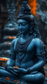 Photorealistic blue Shiva sculpture in meditative frontal pose.