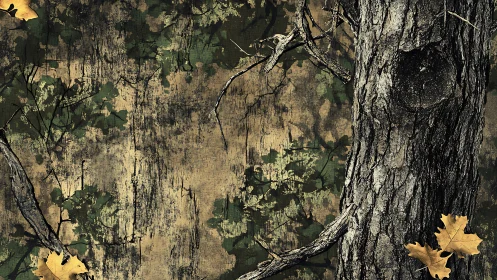 Weathered Wood Surface With Autumn Leaves and Organic Growth