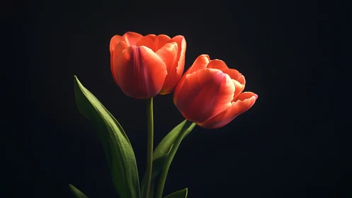 Red Tulips Against Dark Background Display Cultivated Flowering Form