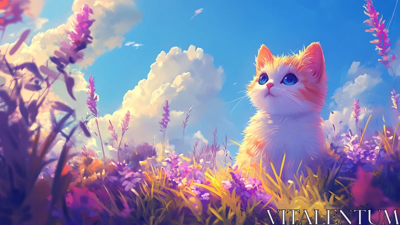 Luminous feline amid vibrant wildflower meadow under crystalline sky.