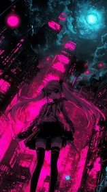 Neon moonlit vigilante girl beneath glitching magenta skyline.