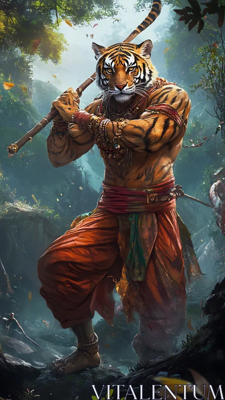 Tiger warrior monk in jungle with staff and beads.