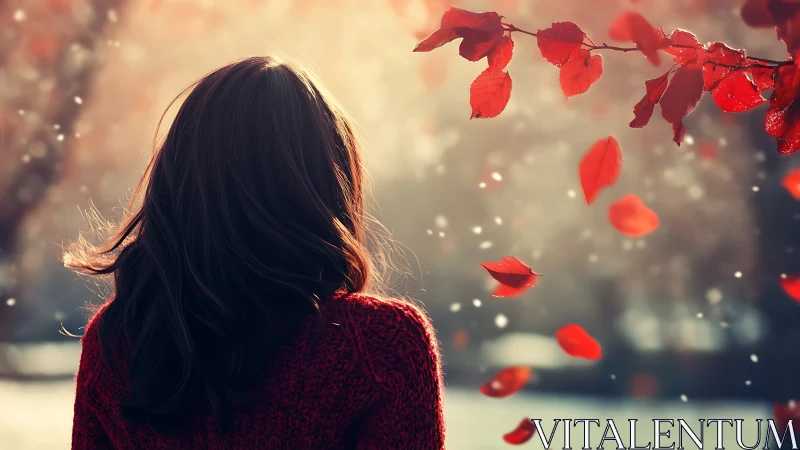 Woman under autumn leaves in soft golden evening light.