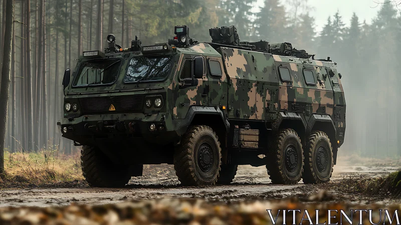 6x6 mine-resistant armored troop carrier in misty forest