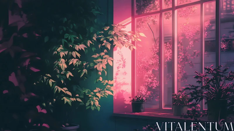 Interior window garden in pink twilight diffuse backlighting