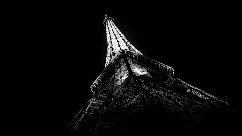 Low-angle Eiffel Tower study in high-contrast monochrome