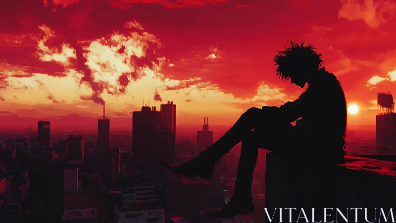 Silhouette on rooftop edge over dense city at red sunset.