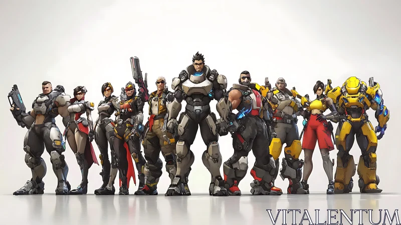 Armored sci fi task force lineup with diverse exosuit variants