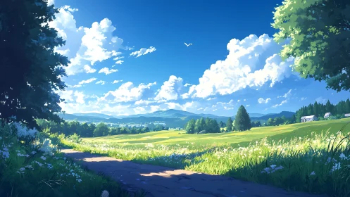 Summer meadow path under radiant blue sky panorama.